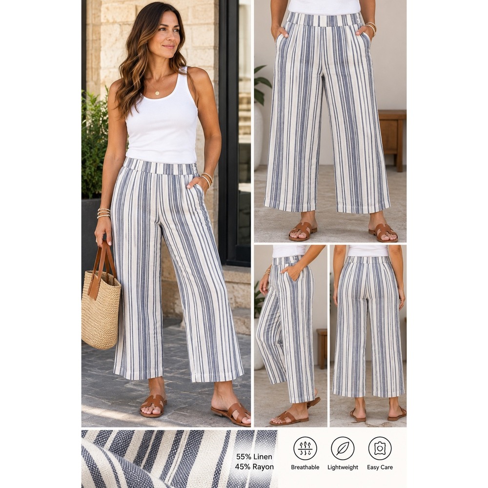 Blue Sol Striped Pants Womens 3X White Blue NEW Linen Blend Wide Leg Cropped NWT